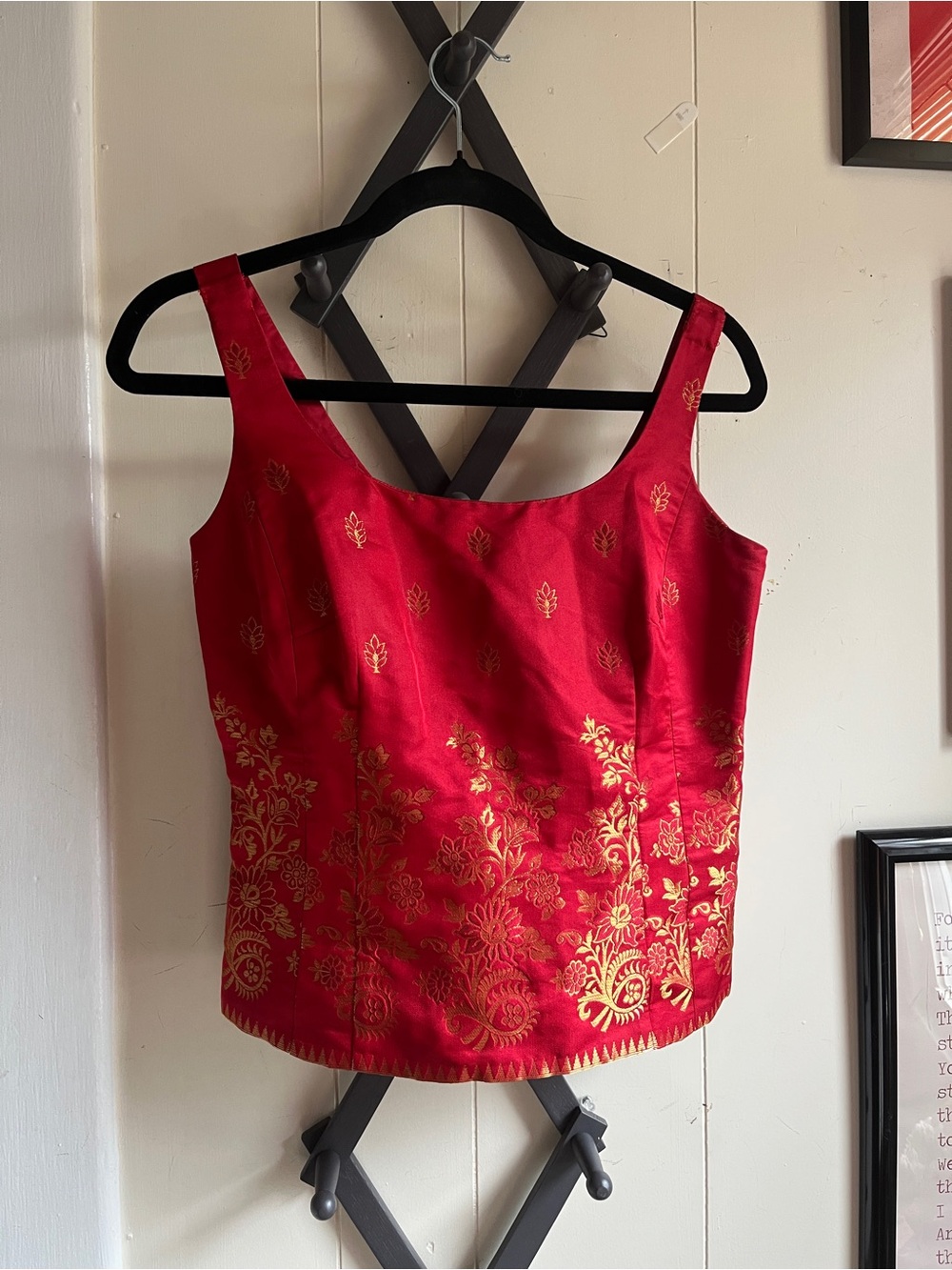 Red Floral Brocade Square-Neck Tank Top